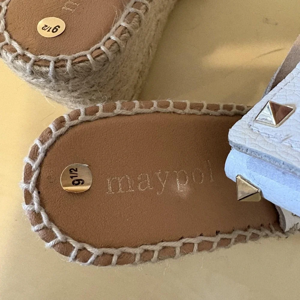 Maypol Shoes Womens Size 9.5‎ Leather Studded Wedge Espadrille Sandals